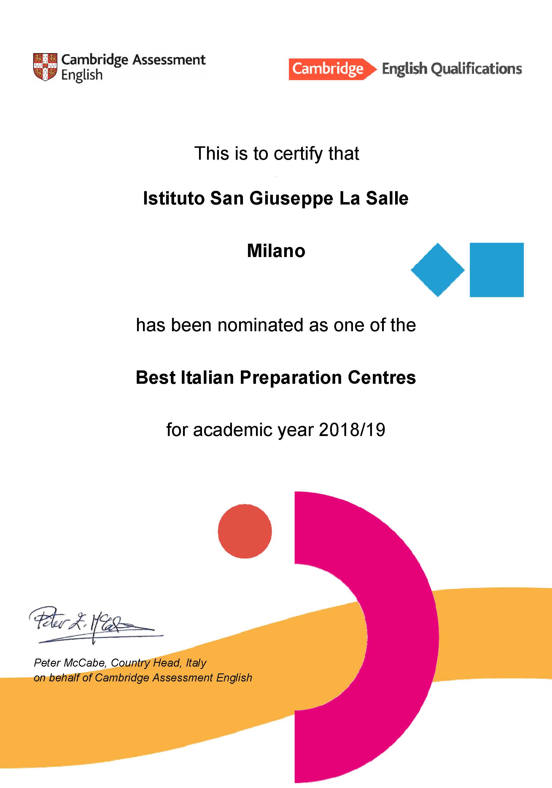 Istituto San Giuseppe La Salle Milano Cambridge Italian Preparation Centres Awards 2019 Nomination