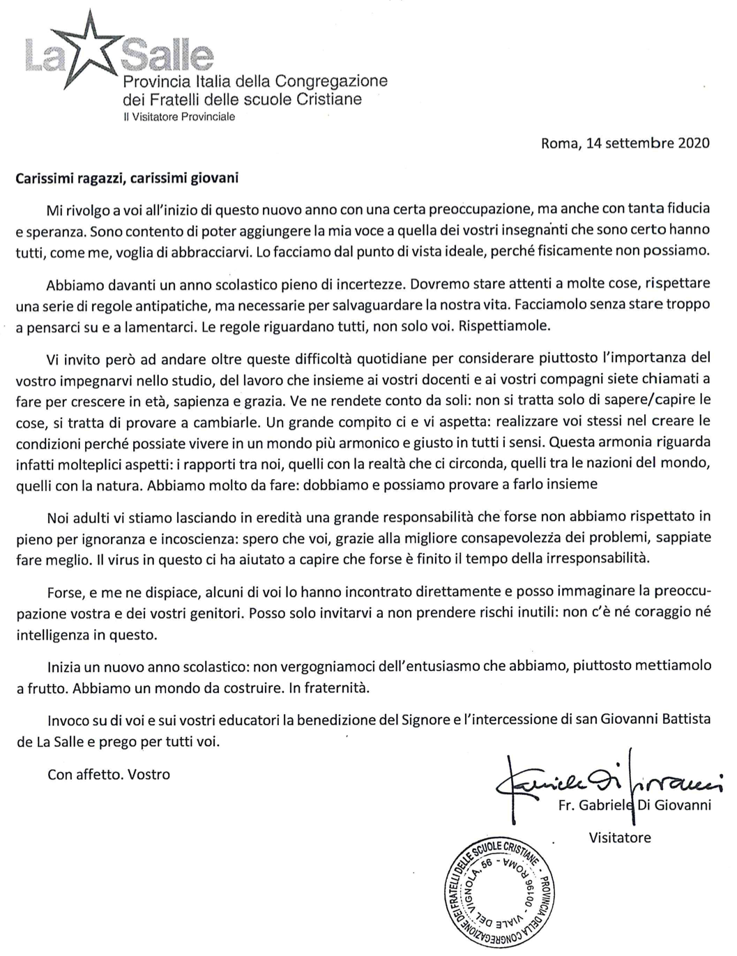 Lettera Inizio Anno Scolastico 2020-2021 Visitatore Provinciale Fratel Gabriele Di Giovanni